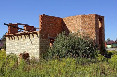 bitmemiş tuğla kahverengi ev yeşil çim ve bitki örtüsü ile büyümüş