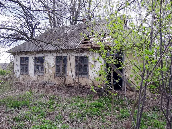 Opuszczony Dom Rustykalny Wyłamanymi Drzwiami Zarośniętym Ogrodzie — Zdjęcie stockowe