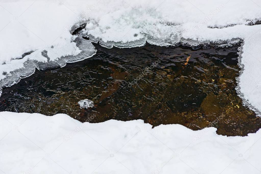 Part of the creek with an ice-hole with a stream of water in ice and snow