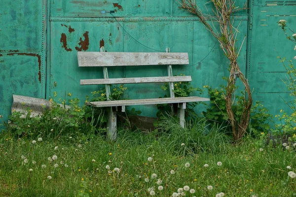 Staré Dřevěné Lavice Zelené Trávě Zdi — Stock fotografie