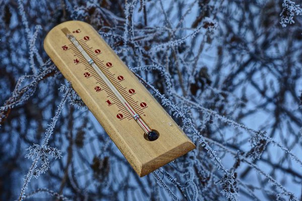 A wooden thermometer on dry branches in frost and snow