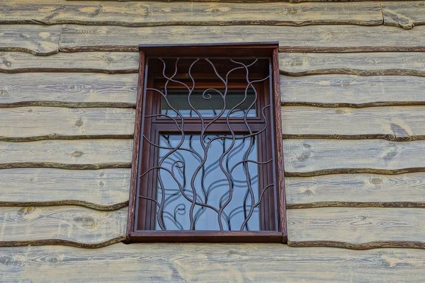 Коричневе Вікно Решіткою Стіні Дерев Яних Дощок — стокове фото