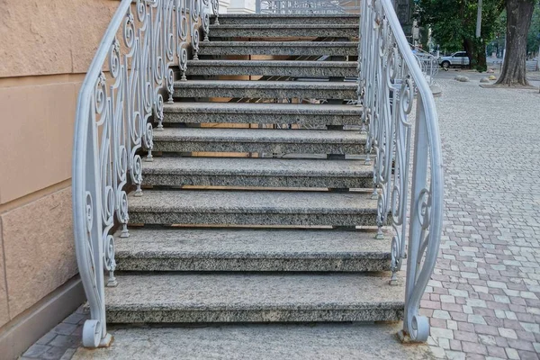 Graue Betonstufen Der Treppe Mit Geländern Der Hauswand Auf Dem — Stockfoto