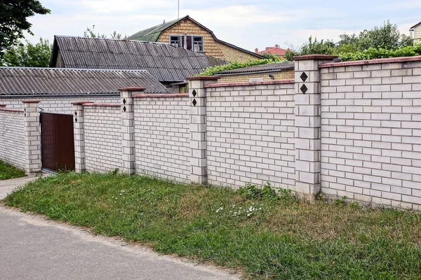 Brown Iron Gates Gray Brick Fence Green Grass Street Road — Stock Photo, Image