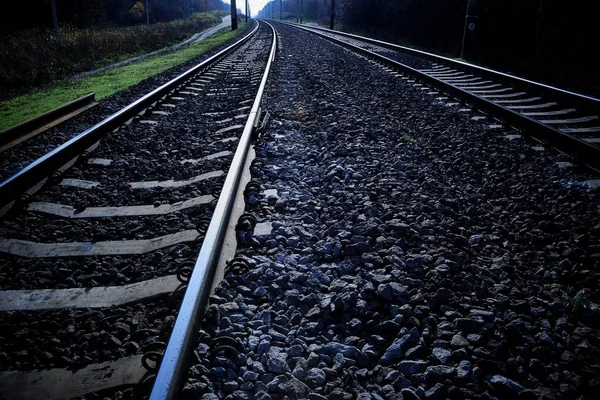 Demiryolu Parça Raylar Taşlarla Kaplı Traversler — Stok fotoğraf