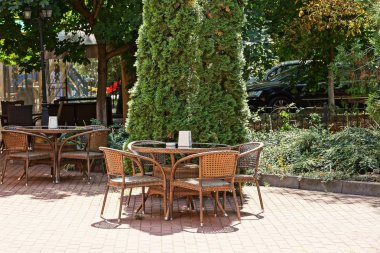 kahverengi Hasır Masa ve sandalyeler kaldırımda yeşil çam park yakınındaki