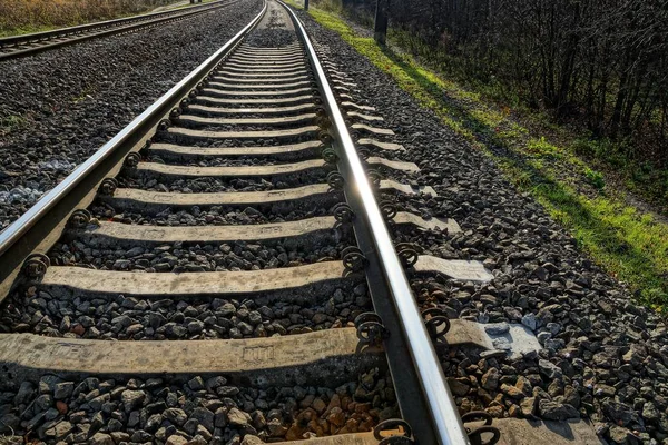 Parte Del Ferrocarril Con Traviesas Carriles Piedras Pequeñas — Foto de Stock