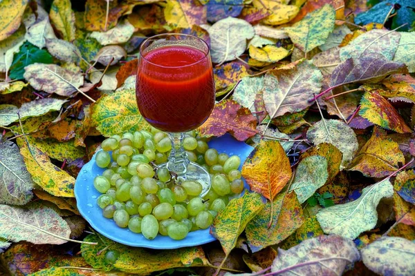 Tallrik Med Druvor Och Ett Glas Med Röd Drink Stå — Stockfoto