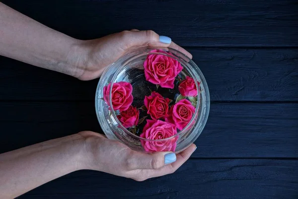 Mains Tenant Vase Rond Verre Avec Des Bourgeons Roses Rouges — Photo