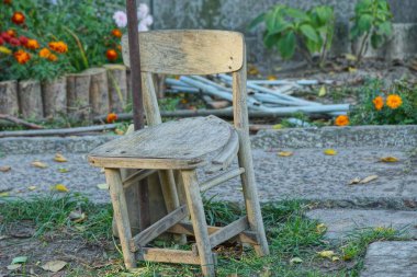 sokakta yeşil çim bir eski kırık ahşap sandalye