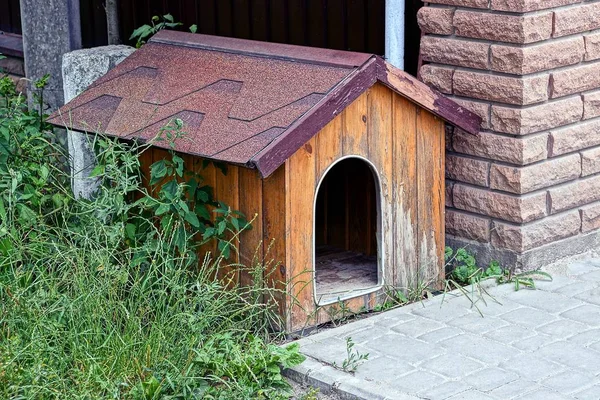 フェンスや空のポットの飼料の近くの中庭の古い汚れた板の犬のブース — ストック写真