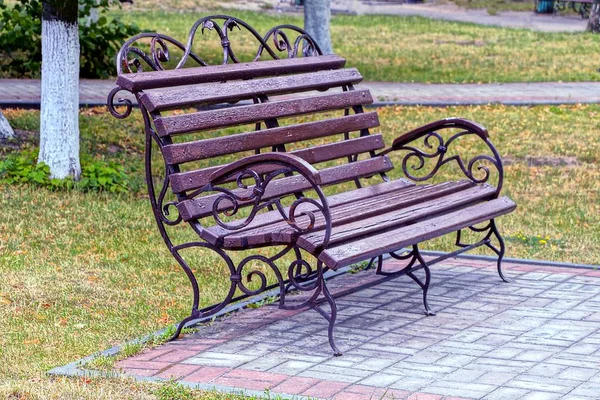 Banco Marrom Fica Calçada Grama Verde — Fotografia de Stock