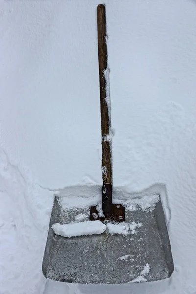 雪に積もった雪のクリーンアップのシャベル — ストック写真
