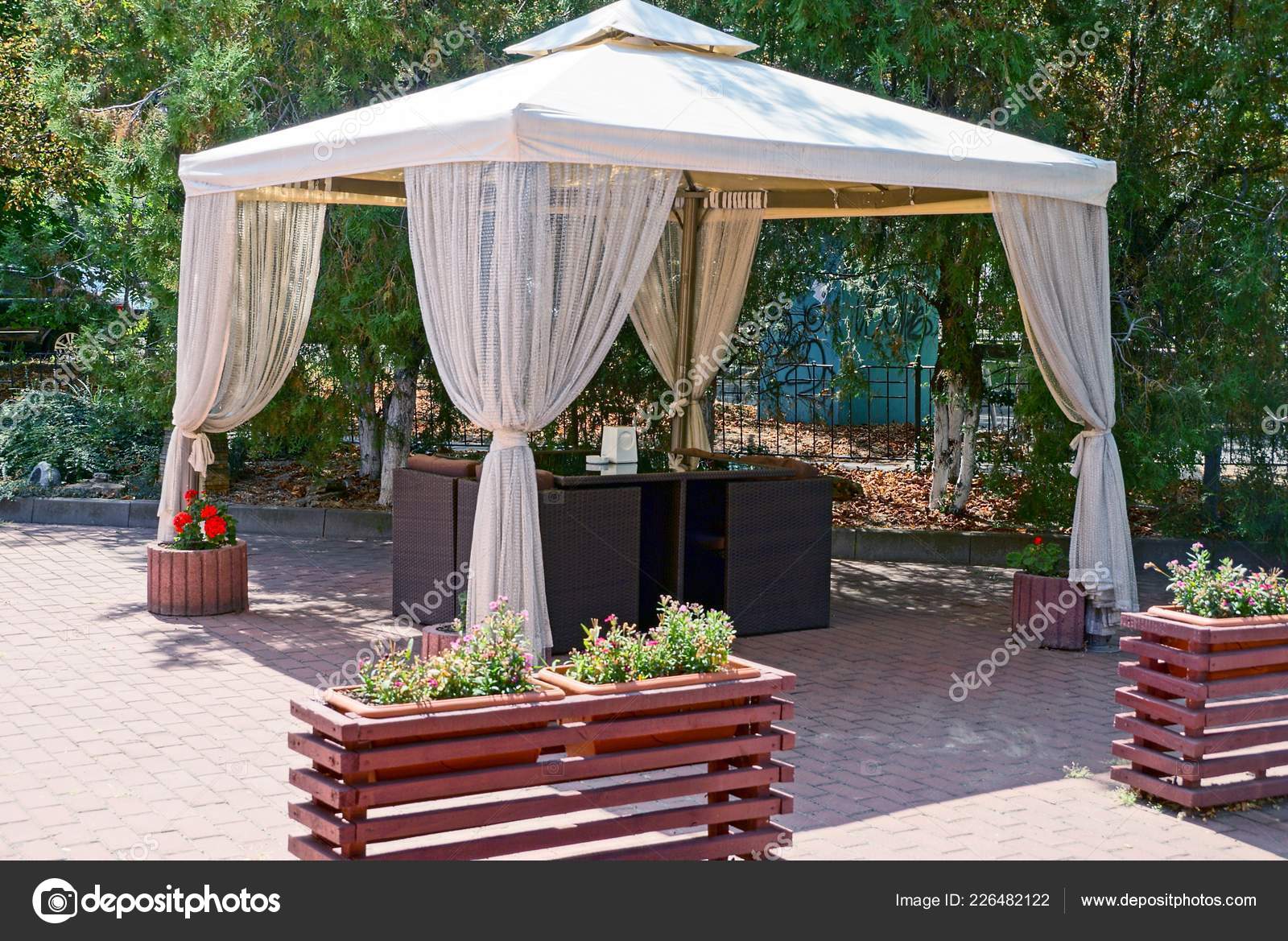 Outdoor Gazebo Curtains Furniture Sidewalk Park Stock Photo