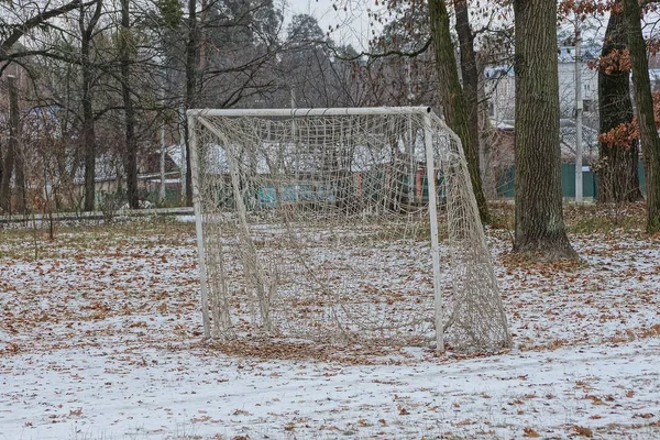 冬の公園の木の中で雪の中でネットで鉄サッカー ゴール — ストック写真