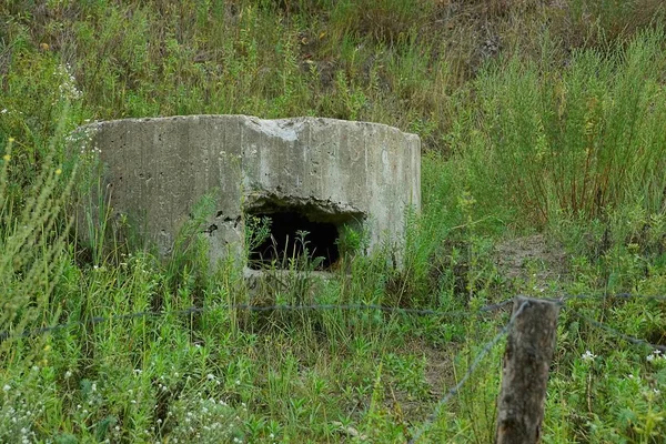 Embrasure Velho Pillbox Militar Grama Atrás Arame Farpado — Fotografia de Stock