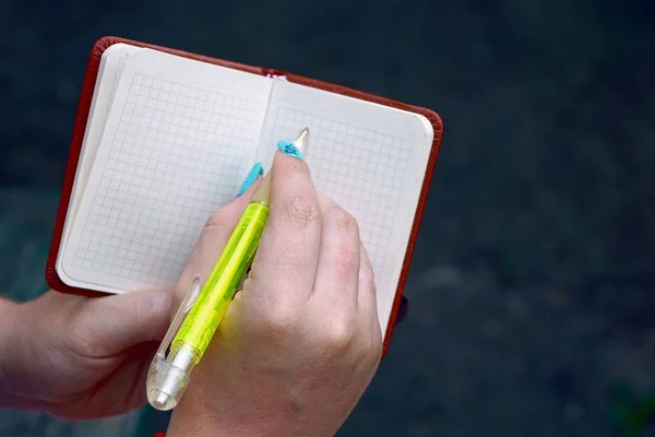 Klein Notitieboekje Groen Pen Hand — Stockfoto