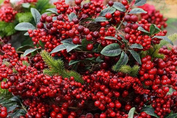 Évet Dekorációt Mesterséges Piros Bogyós Gyümölcsök Zöld Levelek — Stock Fotó