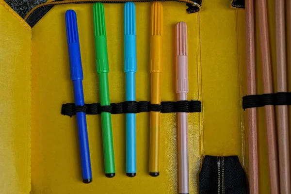 Zestaw Kolorowych Znaczników Drewnianych Ołówków Otwórz Pole Żółty — Zdjęcie stockowe