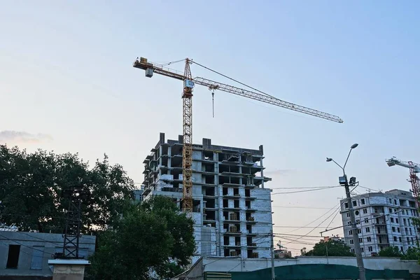 Gru Torre Presso Casa Incompiuta Alberi Verdi Contro Cielo Serale — Foto Stock