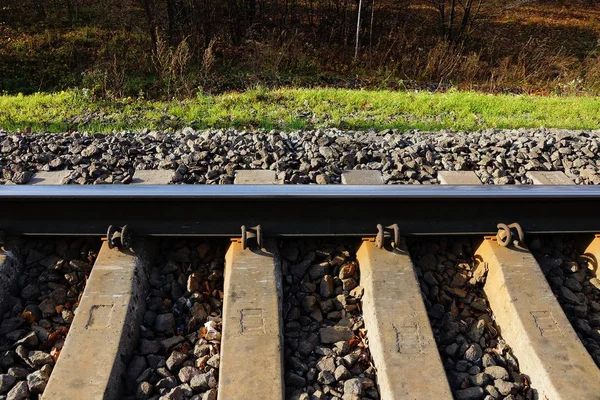 Parte Del Ferrocarril Con Carril Hierro Traviesas Hormigón Pequeños Escombros — Foto de Stock