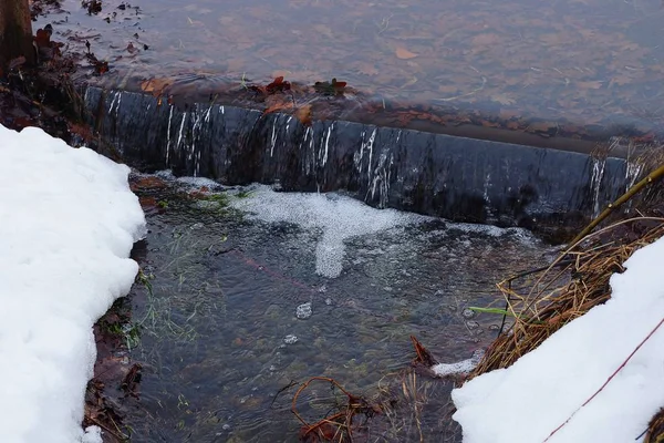 Partie Ruisseau Avec Eau Claire Parmi Neige Blanche Herbe Sèche — Photo