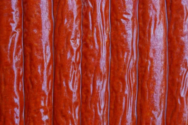 Red Natural Texture Variety Sausages Plastic Packaging — Stock Photo, Image