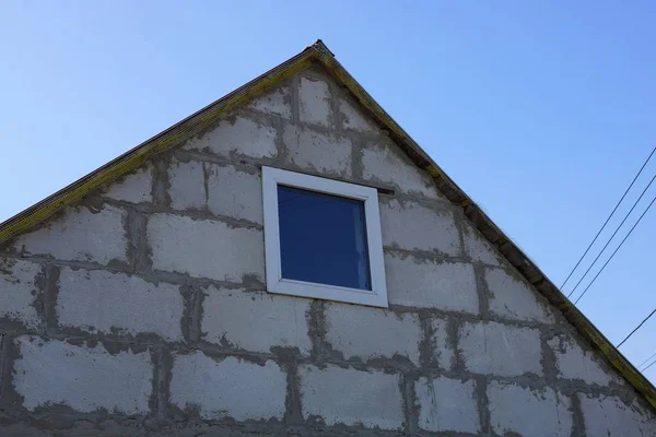 Attic Gray Brick Small Window Blue Sky — Stock Photo, Image