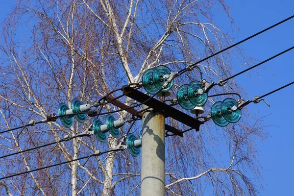 灰色混凝土柱子的一部分 电线靠在蓝天和树枝上 — 图库照片