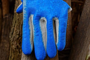 kahverengi bir tahtaya asılı mavi iş eldiveni
