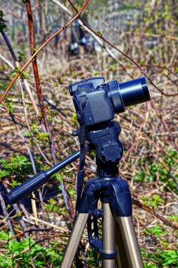Siyah kamera bir tripod ayakta sokakta