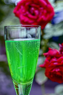 Bir yeşil cam içmek kırmızı bir gül tomurcuk içinde