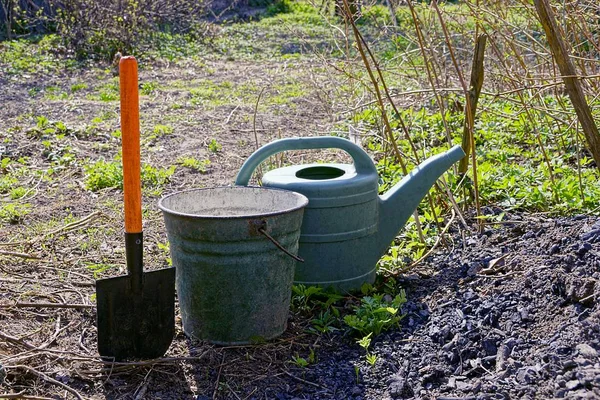 Outils Jardin Dans Herbe Jardin Printemps — Photo