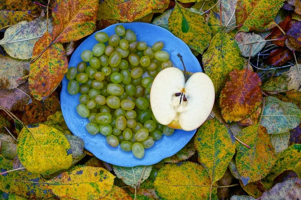 Ein Teller Mit Trauben Und Einem Stück Apfel Auf Gelben — Stockfoto