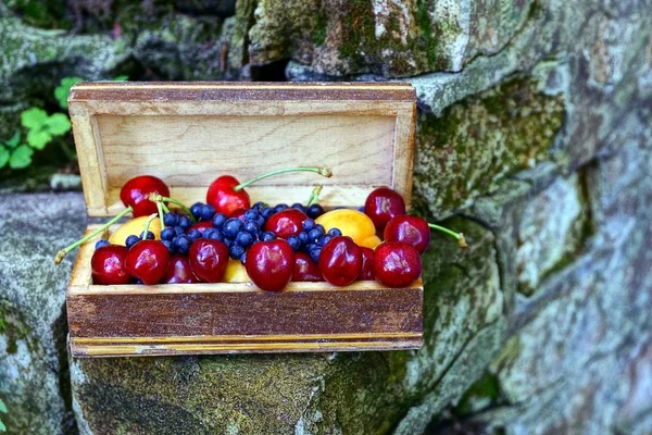 Fruits Mûrs Dans Une Boîte Bois Sur Mur Briques — Photo