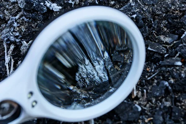 Förstorings Glas Ökar Grå Vit Mineral Jorden — Stockfoto