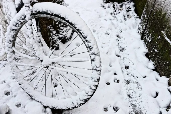 街上白雪下的旧自行车轮子 — 图库照片