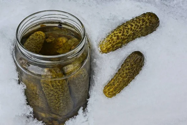 Open Glass Jar Green Canned Cucumbers White Snow — Stock Photo, Image