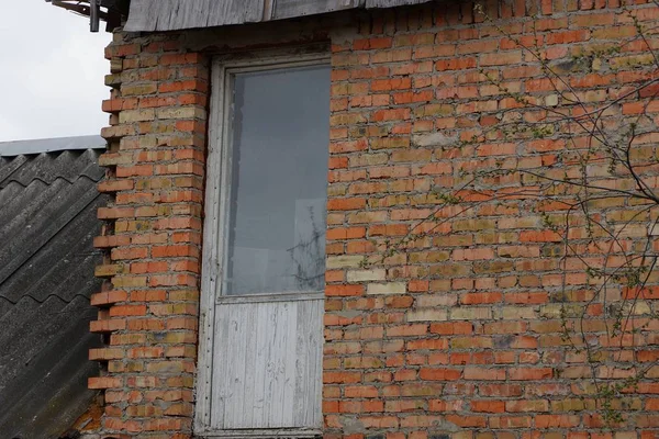 Gray Wooden Door Glass Brown Brick Wall — Stock Photo, Image