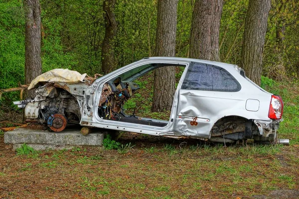Szary Samochód Rama Zdemontowany Samochód Trawie Wśród Drzew Lesie — Zdjęcie stockowe