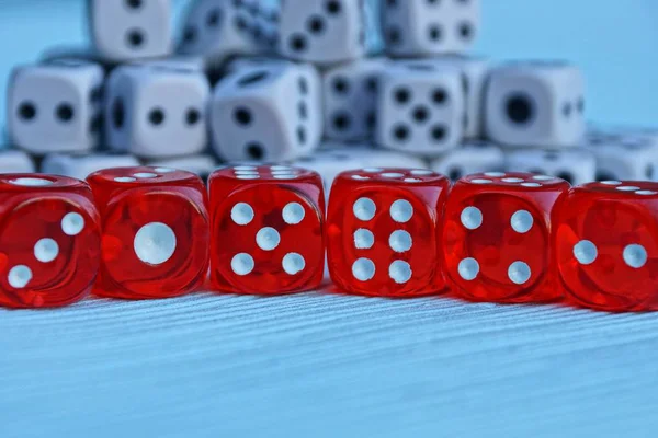 Row Red Dice Background Small White Cubes — Stock Photo, Image