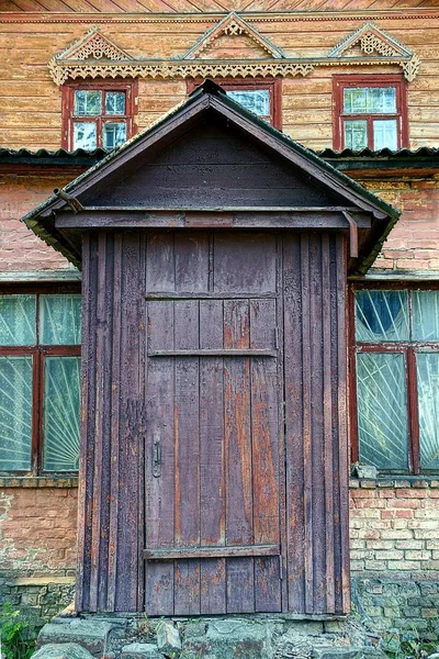 Porte Brune Bois Sur Vieille Maison — Photo