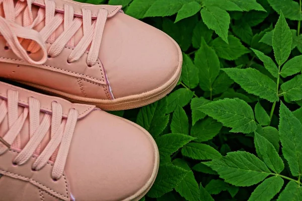 pair of pink sport shoes for women on green grass and leaves outside