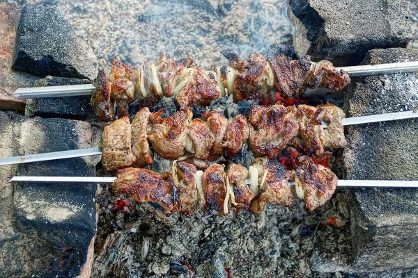 Fried pieces of meat on iron skewers over heat
