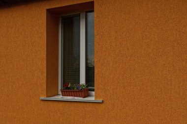 Kahverengi duvarda bir pencere ve pencere de çiçek olan bir saksı.