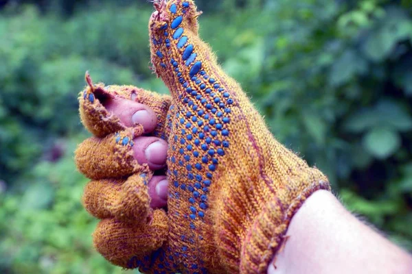 Een Hand Een Gescheurde Handschoen Goedkeuring — Stockfoto