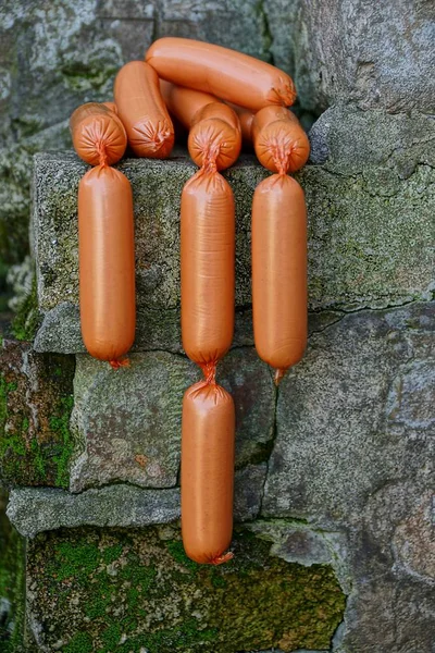 Set Fresh Sausages Brick Wall — Stock Photo, Image