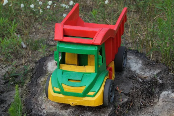 Jeden Duży Kolorowy Wywrotka Zabawka Stoi Pnie Zielonej Trawie — Zdjęcie stockowe