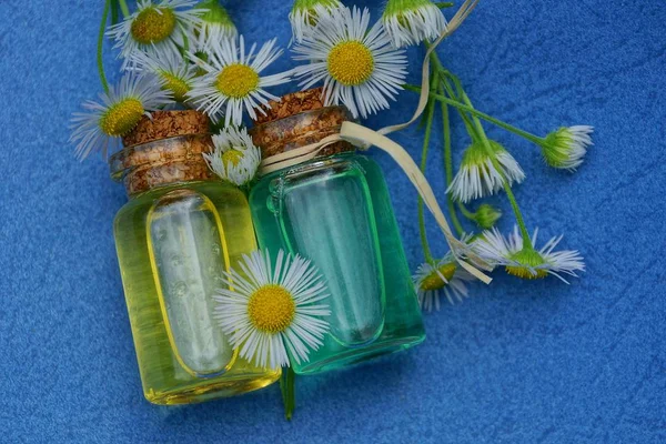 Twee Kleine Glazen Flessen Met Olie Onder Witte Madeliefjes Een — Stockfoto