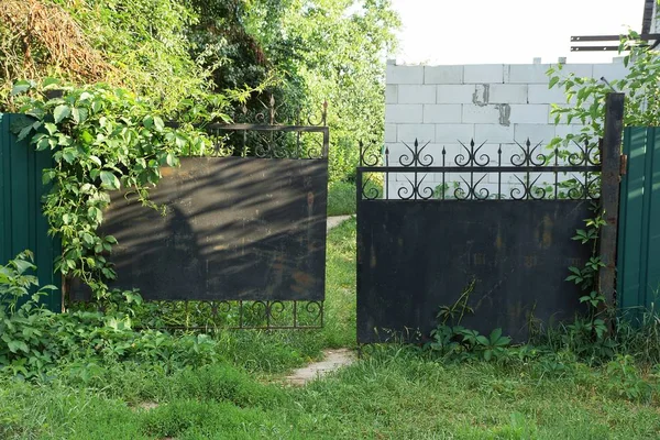 Old Black Metal Gates Overgrown Green Vegetation Grass — Stock Photo, Image